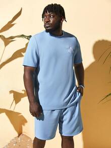 GENTILAND 男士標語圖案T恤和短褲 - 淺藍色 - 查看 5