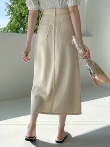 DAZY Váy denim cạp cao xẻ đùi, túi chéo - Màu vàng - Xem 2