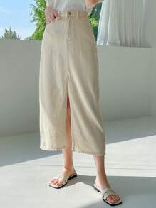 DAZY Váy denim cạp cao xẻ đùi, túi chéo - Màu vàng - Xem 3