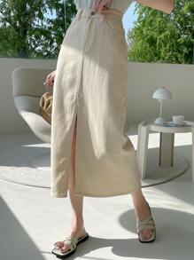 DAZY Váy denim cạp cao xẻ đùi, túi chéo - Màu vàng - Xem 4