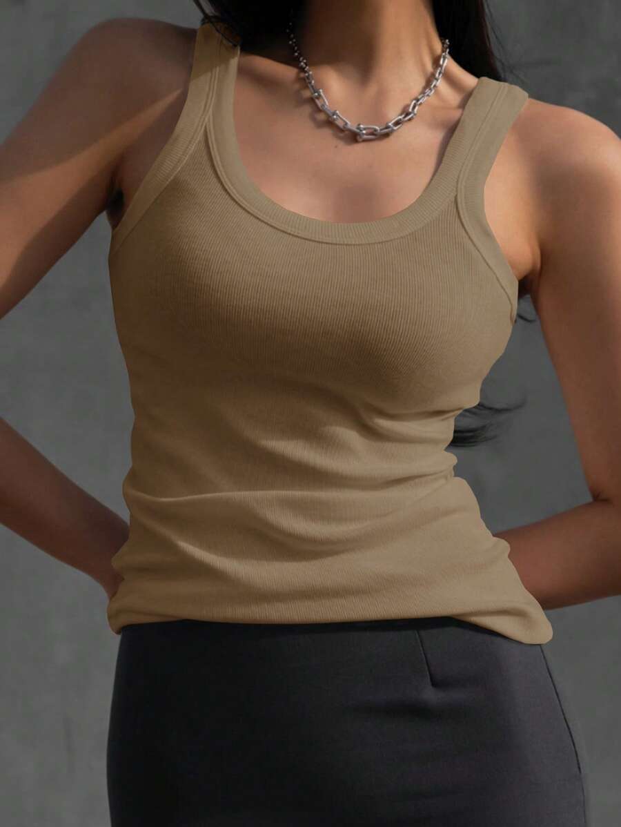 DAZY Solid Ribbed Knit Tank Top - Khaki - View 1