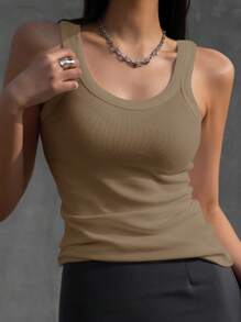 DAZY Solid Ribbed Knit Tank Top - Khaki - View 3