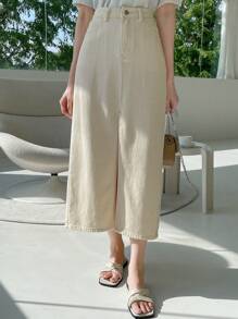 DAZY Váy denim cạp cao xẻ đùi, túi chéo - Màu vàng - Xem 6