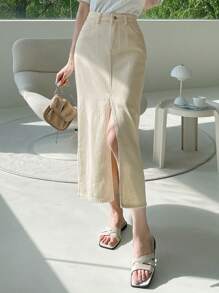 DAZY Váy denim cạp cao xẻ đùi, túi chéo - Màu vàng - Xem 7