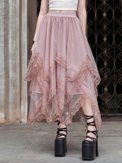 【Remagie】★Corset Lace Hem Skirt Mid Rise Contrast Lace Hem Maxi Skirt In Black | EGO