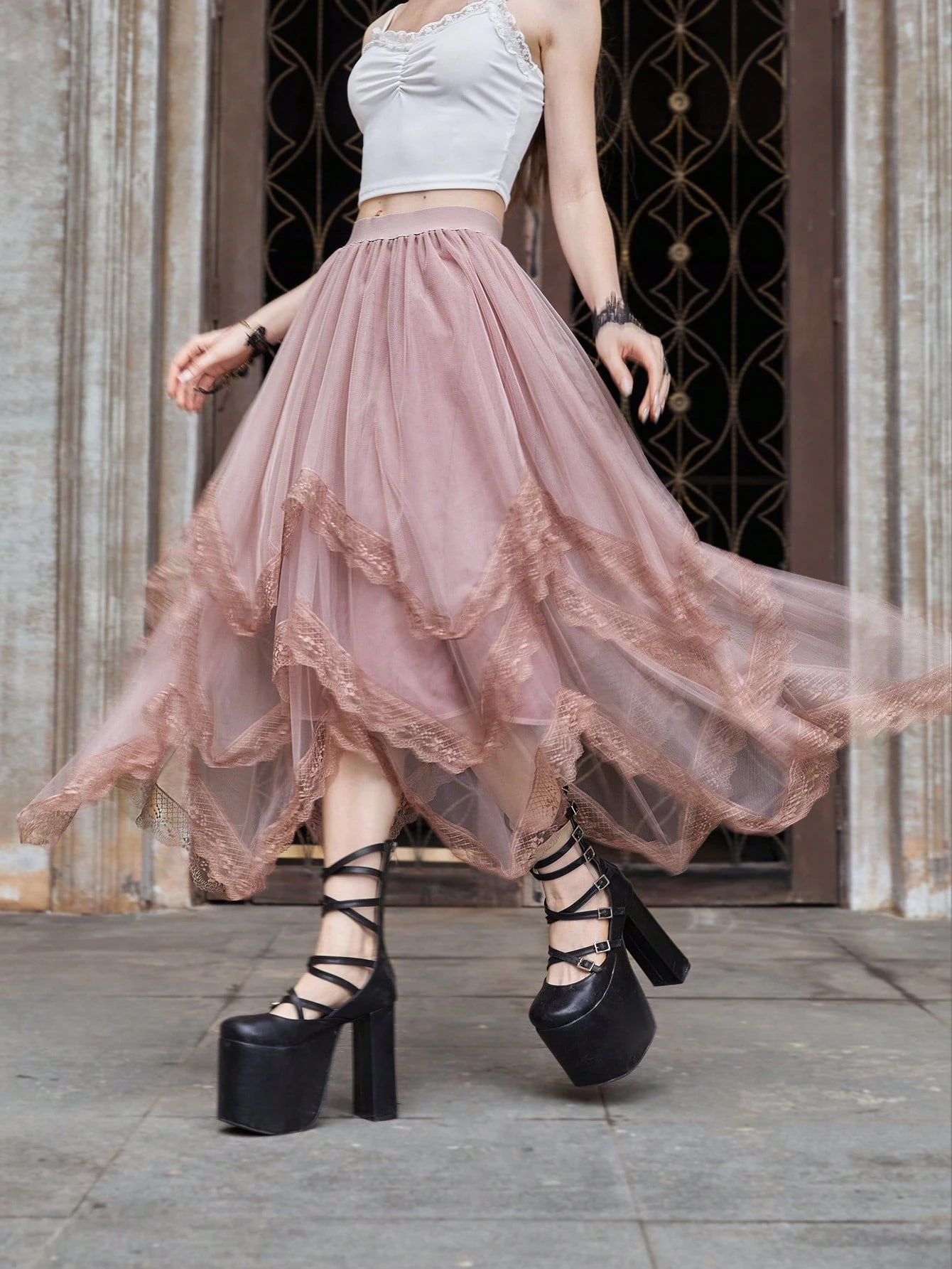 Our Goth Contrast Lace Asymmetrical Hem Mesh Skirt is such a