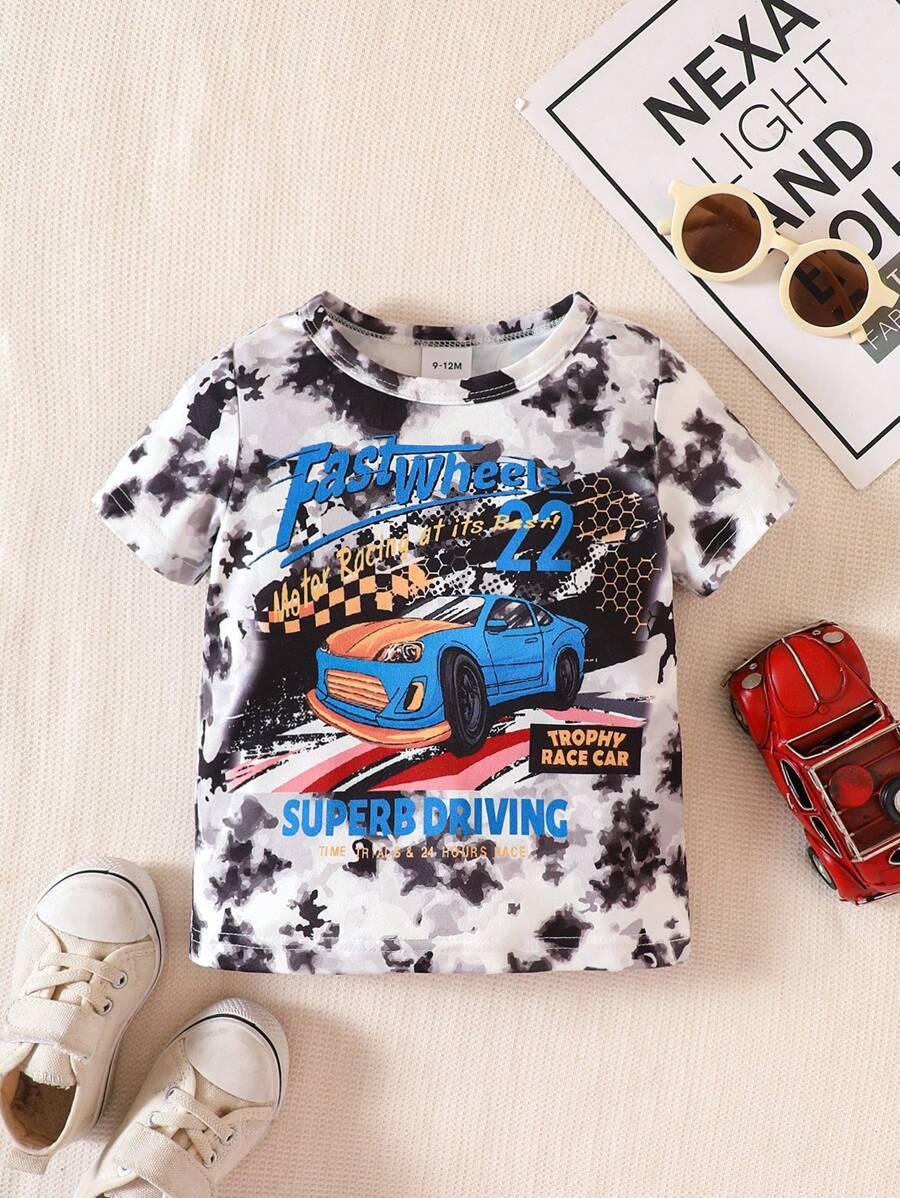 Áo sơ mi tay ngắn nhuộm màu thường ngày cho bé trai mùa hè có in hình ô tô và chữ - Nhiều màu - Xem 1