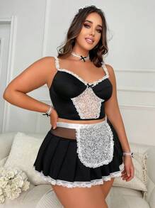 Plus 8pcs Contrast Lace Maid Costume Set - Black and White - View 5