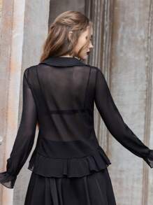 ROMWE Goth Cross Embroidery Ruffle Hem Mesh Top Without Bra