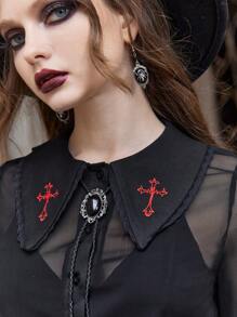ROMWE Goth Cross Embroidery Ruffle Hem Mesh Top Without Bra