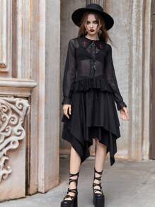 ROMWE Goth Cross Embroidery Ruffle Hem Mesh Top Without Bra