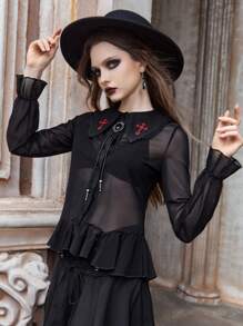 ROMWE Goth Cross Embroidery Ruffle Hem Mesh Top Without Bra
