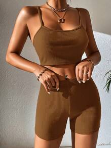 SHEIN PETITE Bộ đồ hai mảnh nữ Gân đan màu trơn Giải trí - màu nâu - Xem 3
