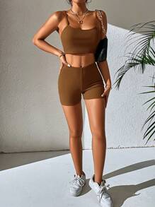 SHEIN PETITE Bộ đồ hai mảnh nữ Gân đan màu trơn Giải trí - màu nâu - Xem 4