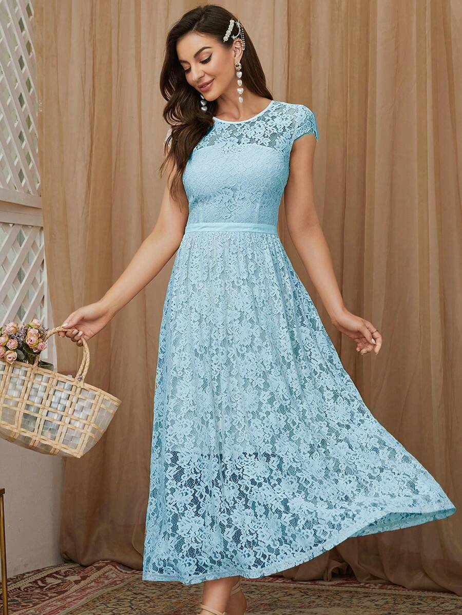 Đầm Tương phản ren Dây kéo màu trơn Thanh lịch - Màu xanh lam - Xem 1