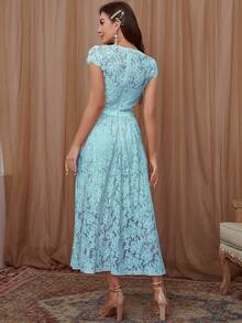 Đầm Tương phản ren Dây kéo màu trơn Thanh lịch - Màu xanh lam - Xem 2