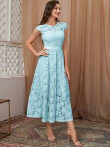 Đầm Tương phản ren Dây kéo màu trơn Thanh lịch - Màu xanh lam - Xem 5