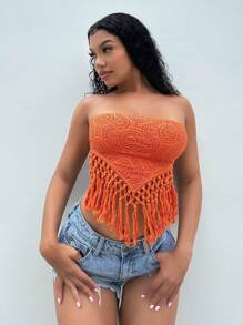 SHEIN SXY Top bandeau ribete con fleco bajo pañuelo - Naranja - Ver 1