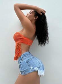 SHEIN SXY Top bandeau ribete con fleco bajo pañuelo - Naranja - Ver 3