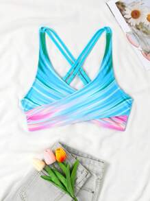 SHEIN Swim 紮染後背十字交叉比基尼泳裝上衣 - 淺藍色 - 查看 3