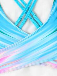 SHEIN Swim 紮染後背十字交叉比基尼泳裝上衣 - 淺藍色 - 查看 5