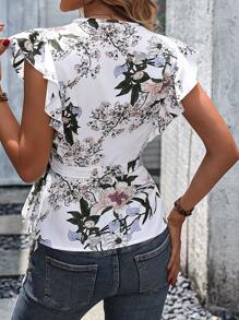 SHEIN LUNE 印花荷葉邊側打結圍裹女士襯衫 - 彩色 - 查看 2