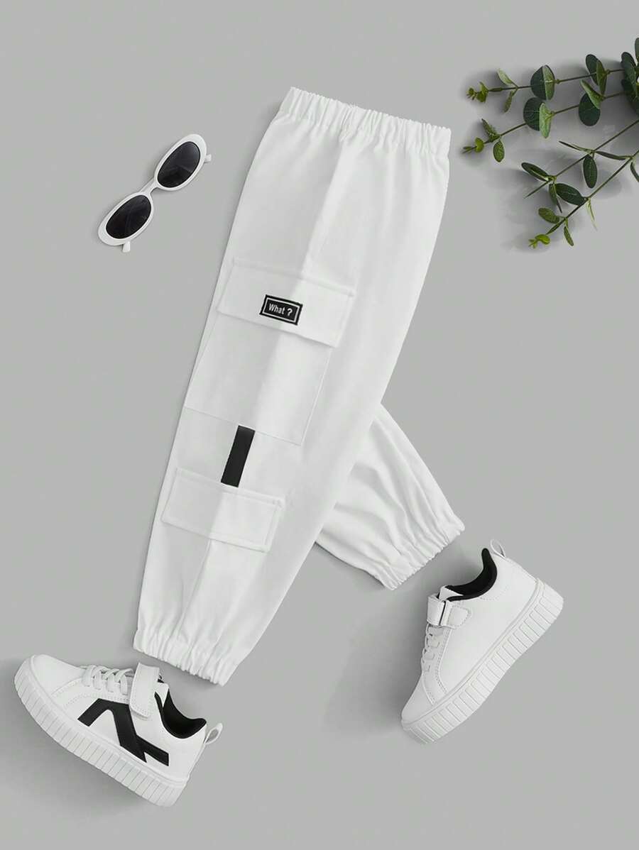 SHEIN 小男童字母補丁細節翻蓋口袋工裝褲 - 白色 - 查看 1
