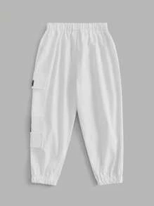 SHEIN 小男童字母補丁細節翻蓋口袋工裝褲 - 白色 - 查看 2