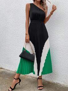 Chiquease Colorblock One Shoulder Pleated Hem Dress - Black - View 3