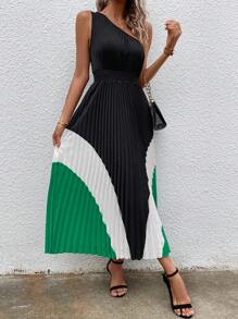 Chiquease Colorblock One Shoulder Pleated Hem Dress - Black - View 5