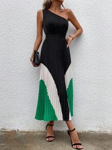 Chiquease Colorblock One Shoulder Pleated Hem Dress - Black - View 1