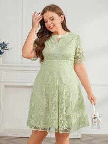 Đầm Plus Size Tương phản ren Cắt ra Hoa Thanh lịch - màu xanh lá - Xem 5