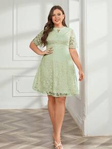 Đầm Plus Size Tương phản ren Cắt ra Hoa Thanh lịch - màu xanh lá - Xem 6