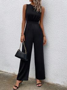 SHEIN LUNE Mono de pierna ancha unicolor con cremallera trasera - Negro - Ver 1