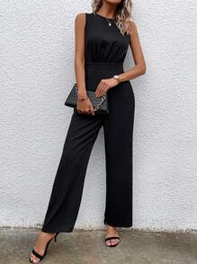 SHEIN LUNE Mono de pierna ancha unicolor con cremallera trasera - Negro - Ver 5