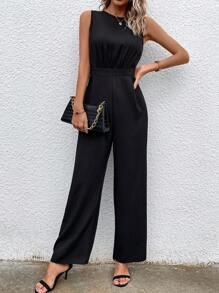 SHEIN LUNE Mono de pierna ancha unicolor con cremallera trasera - Negro - Ver 6