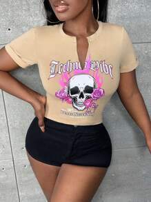Slaydiva 骷髏頭和字母圖案缺口領T恤 - 杏色 - 查看 1