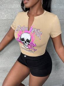 Slaydiva 骷髏頭和字母圖案缺口領T恤 - 杏色 - 查看 3