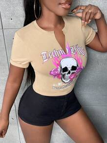 Slaydiva 骷髏頭和字母圖案缺口領T恤 - 杏色 - 查看 4