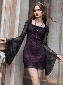 ROMWE Goth Contrast Lace Flounce Sleeve Lace Dress - Multicolor - View 1