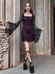 ROMWE Goth Contrast Lace Flounce Sleeve Lace Dress - Multicolor - View 2