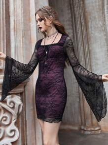 ROMWE Goth Contrast Lace Flounce Sleeve Lace Dress - Multicolor - View 4