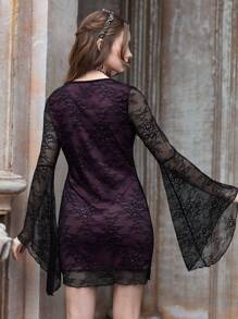 ROMWE Goth Contrast Lace Flounce Sleeve Lace Dress - Multicolor - View 5