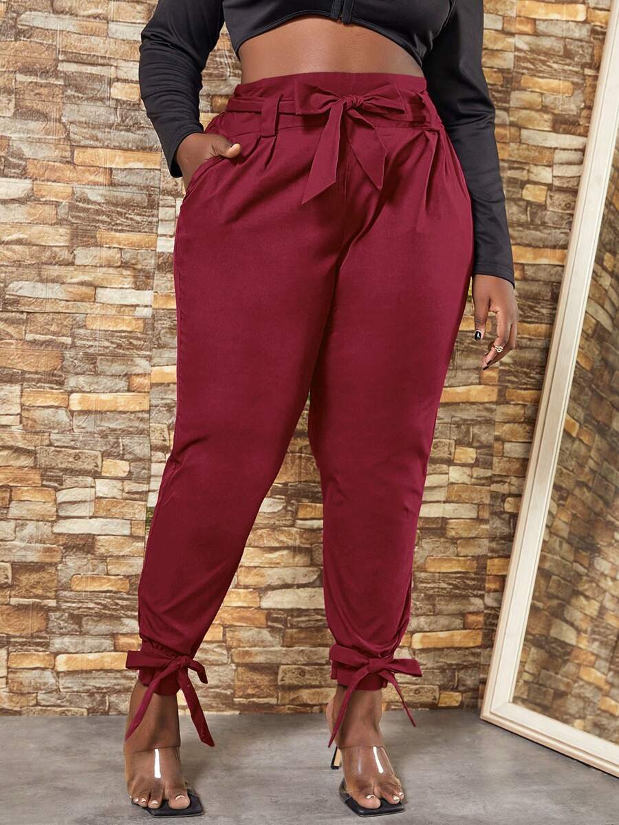 Slaydiva Plus Knot Hem Belted Trousers - Burgundy - View 1