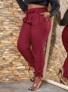 Slaydiva Plus Knot Hem Belted Trousers - Burgundy - View 3