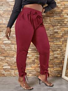 Slaydiva Plus Knot Hem Belted Trousers - Burgundy - View 4
