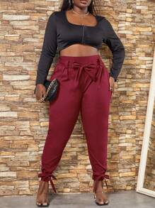 Slaydiva Plus Knot Hem Belted Trousers - Burgundy - View 5