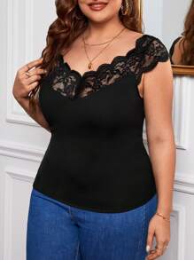 SHEIN Privé Plus Contrast Lace Scallop Trim Tee - Black - View 5