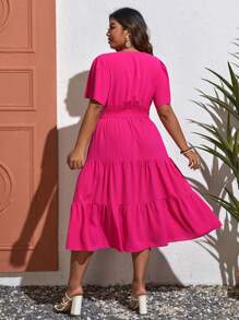SHEIN VCAY Đầm Plus Size Dải chun màu trơn Giải trí - Màu Hồng Tươi - Xem 2