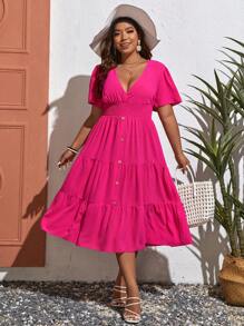 SHEIN VCAY Đầm Plus Size Dải chun màu trơn Giải trí - Màu Hồng Tươi - Xem 1